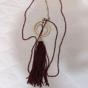 Ruby Red Long Beaded Circle Tassel Pendant Necklace Gold Tone Metal Boho Hippie